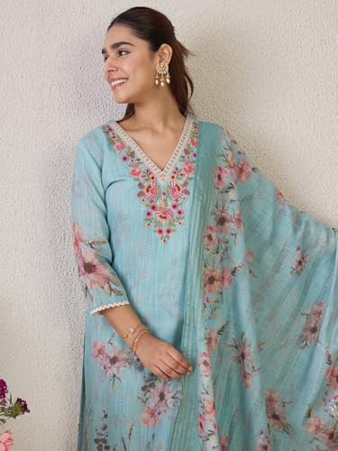Image of INDO ERA Women's Straight Linen Floral Printed Embroidered Kurta & Pant with Dupatta Set