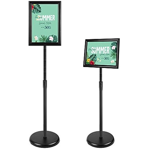PUJIANG 8.5x11 Inch Adjustable Sign Holder Poster Stand, Heavy Duty Floor Sign Stand with Aluminum Snap Open Frame for Vertical and Horizontal Sign Displayed(Black) Cover