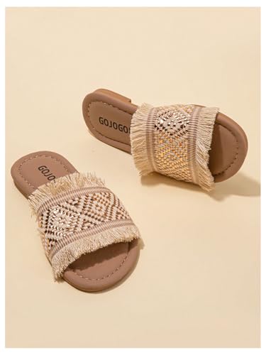 OYOANGLE Girl's Boho Fringe Braided Sandals Open Toe Slip on Summer Flats Vacation Casual Slides3