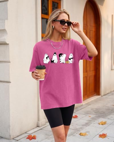 Aiyino Womens Halloween Ghost Cat Vintage Washed Graphic Tee Pink L - image 4