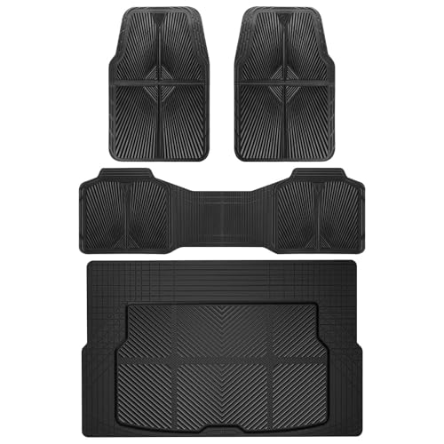 CAR PASS Rubber Floor Mats&Cargo Liner,Waterproof Trucks Mats Heavy Duty,All Weather Trim-to-Fit Automotive Mats for Cars Trucks SUV,Anti-Slip Easy Clean Durable,Full Set 5-Piece,3D Emboss All Black