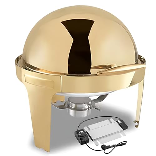 6L Gold Chafing Dish Food Warmer, 2-in-1 Stainless Steel Round Chafing Dish with Heating Plate, Adjustable Temperature Control, Portable Chafing Dish Buffet Server, for Commercial Catering Use