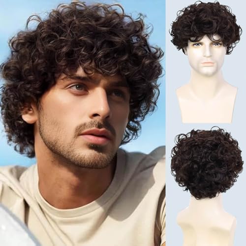 Image of Creamily Curly Hair Wig for Men, Male Wigs That Look Real,Artificial Fake Hair for Men,Short Full Wig for Man Synthetic Wigs for Boys for Daily Party Use (Brown, 8 Inches)