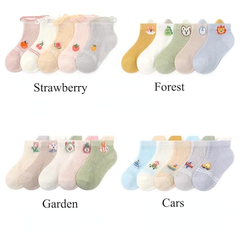 5 Pairs Baby Socks Thin Cotton for Summer, Cute Strawberry Animals Breathable Infant Mesh Crew Socks for Boys Girls2