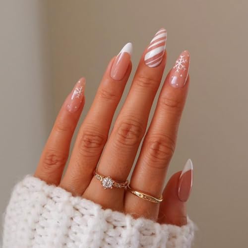 Christmas Press on Nails Medium Almond Fake Nails Snowflake False Nails with Designs Stripe Glue on Nails Full Cover White French Tip Glossy Acrylic Stick on Nail for Women Girls Xmas manicure 24Pcs
