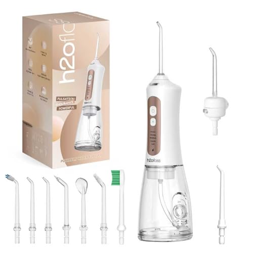 Image of H2ofloss Water Dental Flosser Teeth Pick -Portable Oral Irrigator with 5 Modes, Rechargeable IPX7 Waterproof Orthodontic Teeth Cleaner Pick Cordless for Home Travel-300ml Water Tank (White + Freshening Tablets)