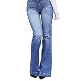 Generisch Damenmode High Rise Jeans LäSsige Baggy Jeans Stretch Fitted Wide Leg Denim Flare Jeans (L,Blau)