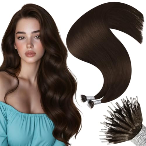 Moresoo Nano Bead Hair Extensions Human Hair, Medium Brown, 14 Inch