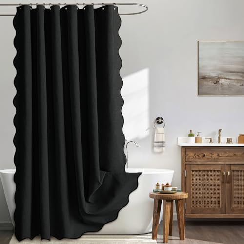 MIULEE Black Scalloped Shower Curtain Linen Textured with 12 Metal Hooks Cute Heavy Duty Washable Waterproof Thick Cloth Halloween Shower Curtains with Black Border for Bathroom Hotel Bathtub W72*L72