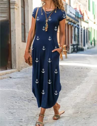Image of Women Summer Casual Maxi Dress Floral Printed Loose Pockets Short Sleeve Split Boho Dresses