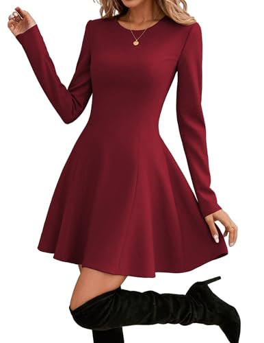 Hotouch Damen Kleid Rundhals Langarm Partykleid High Waist Aline Minikleid Casual Langarmkleid Kurzes Kleid
