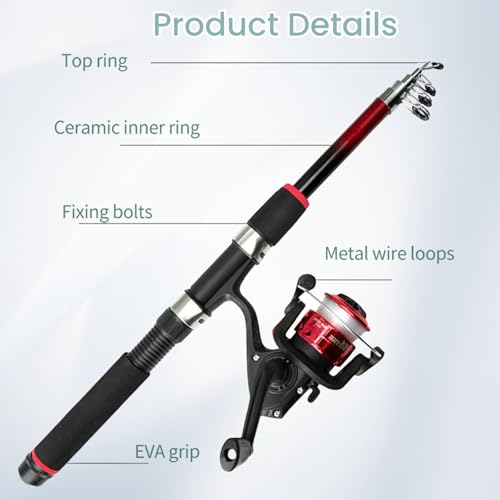 Light Weight Kids Fishing Set, Telescopic Fishing Rod and Reel Combos with Full Kits, Lure Case and Carry Bag, 150CM Camouflage Fishing Set for Beginner and Youth Fishing, Red - Image 5