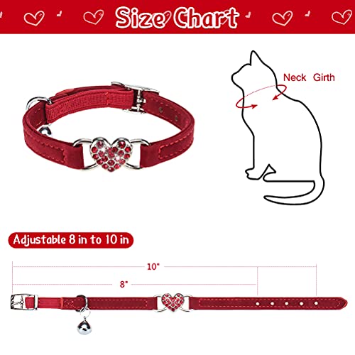 Bingpet Diamond Cat Collar, Adjustable Velvet Safe Kitten Collar With Crystal Heart Charm And Bells, Red #TOP1