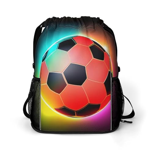 Men's Large Capacity Football Ball Fire Soccer Drawstring Backpack, Waterproof Pull String Sport Bag for Hiking Travel Gym Beach Swim
