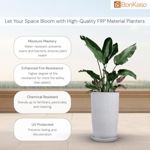 Image of BonKaso 14 inch White Flower Pot - Tall, Durable & Lightweight Polymer Tower Planter for Indoor & Outdoor Use: Home, Office, Garden & Balcony (Gamla /Gamale)