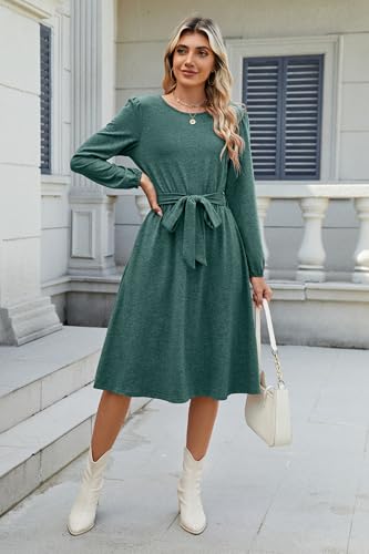 Image of Newshows Womens Long Sleeve Casual Dresses 2025 Business Work Teacher Fall Church Belted A Line Flowy Midi Dress