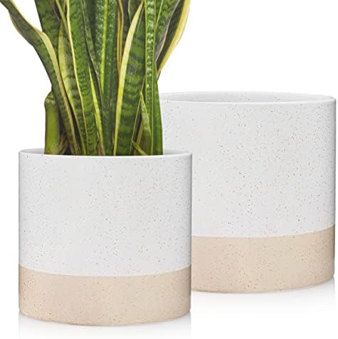 kimisty Set 2 Ceramic Planters 7 & 6 Inch, White & Beige Handmade Large Plant Pots, Hand Painted with Gold Speckles Drainage & Plug, Modern Luxe Planters for Houseplants