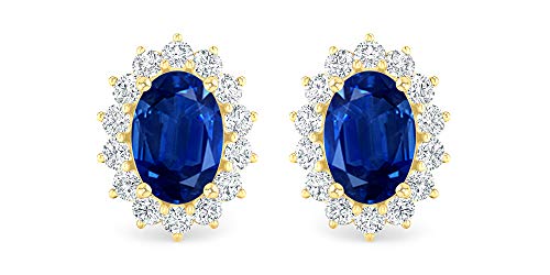 Oval Blue Sapphire and Diamond Fancy Halo Floral Stud Earring in 18 Carat Yellow Gold (6X4 MM Gemstone)