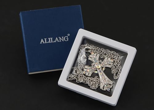 Image of Alilang Silvery Tone Religious Cross Pendant Necklace w /Aquamarine Blue Or Clear Crystal Rhinestones