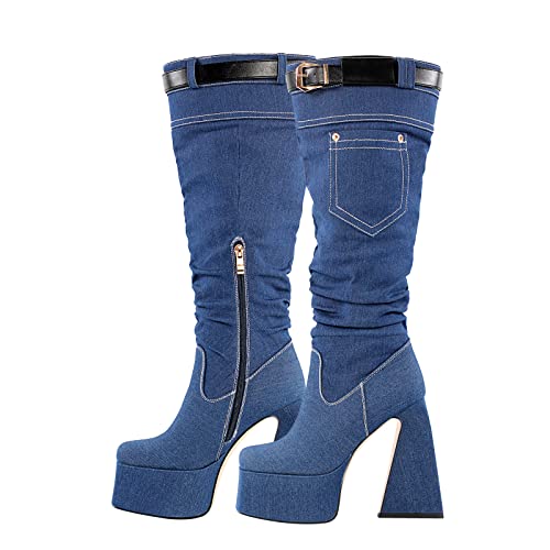 richealnini Platform Heel Knee High Boots for Women Side Zip Up Block Heels Denim Boots