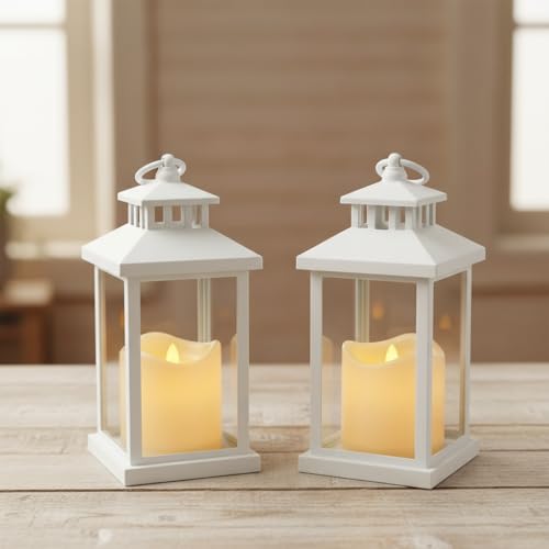 Image of Coku LT-22 Vintage LED Lantern With Pillar Candle, Battery Operated Wall Hanging Lamp, Flameless Antique Glass Holder for Home Decor, Diwali (White, Pack 2)