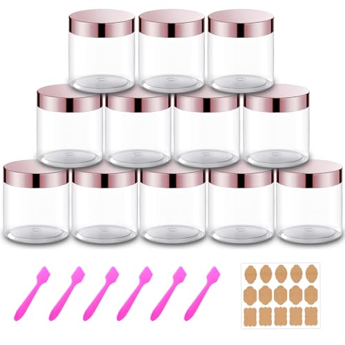 Amorix Refillable 12 Pack 8 oz Plastic Cosmetic Containers With Rose Gold Lids