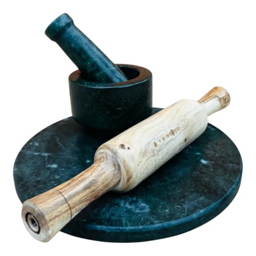 Image of 10 Inch Green Marble Chakla Belan Set with 4x3 Inch Green Marble Okhli Musal Combo | Premium Roti Rolling Board with Wooden Belan | Luxury Kitchen Accessories for Roti Chapati Paratha & Spice Grinding