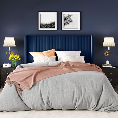 Image of Allewie Full Size Velvet Bed Frame /Vertical Channel Tufted Wingback Headboard /Upholstered Platform Bed /Strong Wooden Slats /No Box Spring Needed /Easy Assembly /Blue
