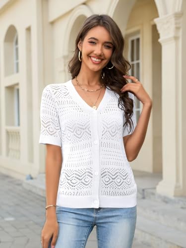 Image of Women's Summer Short Sleeve Cardigans Lightweight Crochet Sweaters V Neck Button up Cardigan for Dress