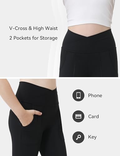 Girls Flare Leggings High Waisted Flare Pants with Pockets Bootcut Black Bell Bottoms Stretchy V-Cross 5-16 Years3