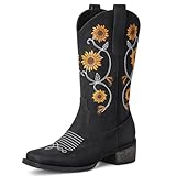 Bybmorto Black Cowboy Boots for Women - Mid Calf Western Sunflower Cowgirl Boots with Floral Embroidery, Square Toe Stitched Pull On Retro Design, Perfect for Country Idyll, Concerts size 8