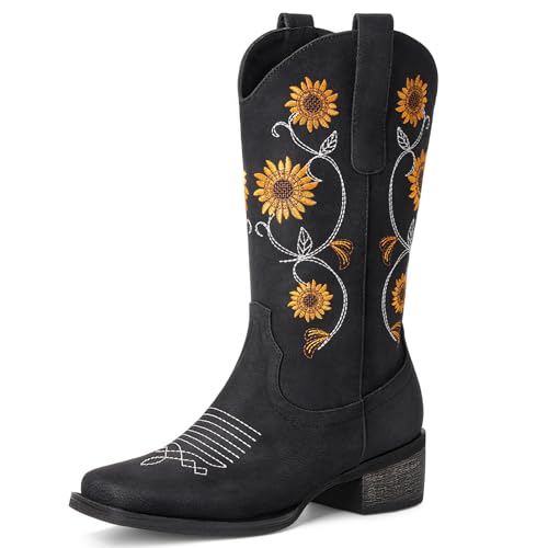 Best Ladies Country Boots for Walking: Western Style Guide 11 Bybmorto Black Cowboy Boots for Women - Mid Calf Western Sunflower Cowgirl Boots with Floral Embroidery, Square Toe Stitched Pull On Retro Design, Perfect for Country Idyll, Concerts size 8