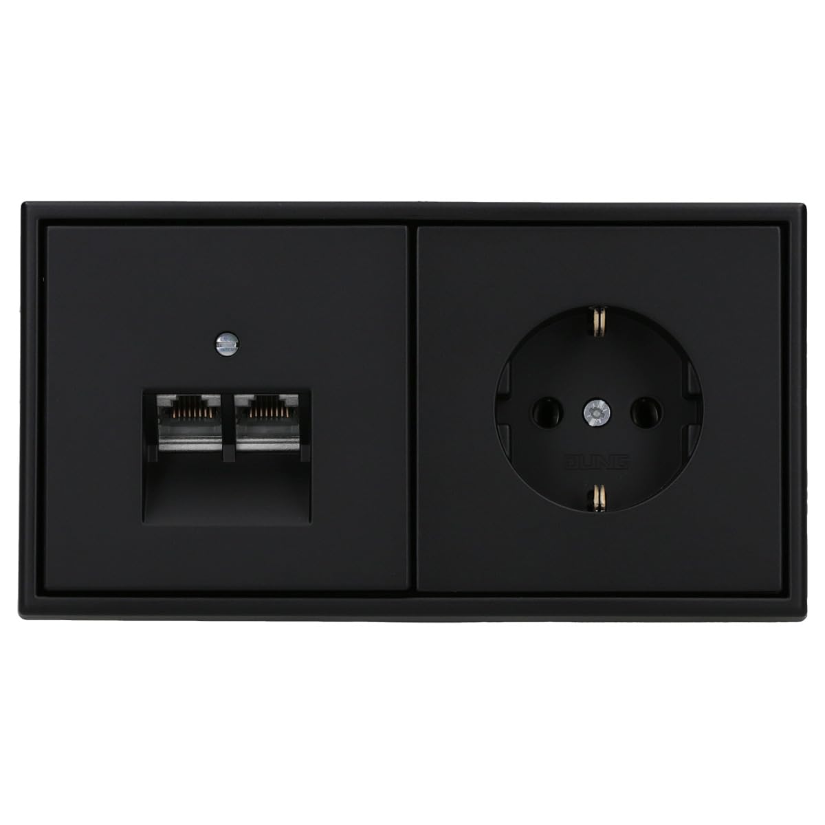 JUNG Serie LS Cat.6A Doppel-Netzwerkdose & Steckdose Graphitschwarz Matt | mit Cat.6A UAE-Anschlussdose, LS969-2UASWM Abdeckung, LS1520SWM Steckdose, LS982SWM Rahmen 2-fach