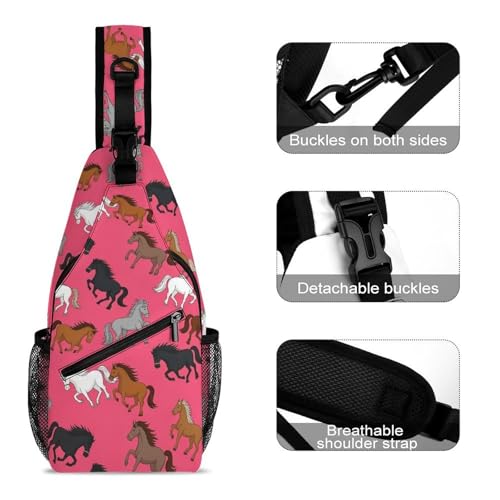 Lightweight Chest Shoulder Backpack, Chest Bag, Fashion Day Pack For Women And Men Horses in Pink3