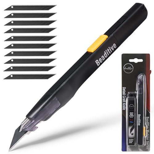 Cúter Beaditive de alta precisión, de hoja con punta en 30 grados; ideal para trabajos artísticos, manualidades y modelismo (1 cuchillo negro, 10 hojas negras)
