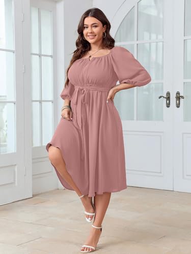 Image of SCOMCHIC Women Plus Size Midi Dresses Puff Short Sleeve Square Neck Wedding Guest Elegant Flowy Belted A Line Dress
