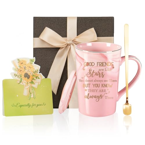 Best Friend Birthday Gifts for Women – Friendship Present for Women, BFF Gift Idea for Female Besties | 400ml Pink Marble Ceramic Gold Print Coffee Mug with Spoon, Lid, Card & Gift Box