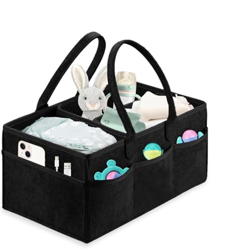 Image of UCRAVO Baby Diaper Caddy Organizer Nursery Storage Bin with Changeable Compartments for Diapers, Baby Wipes, Kid Toys - Portable Multipurpose Basket for Car Travel - Nappy Bags for Mom - Black