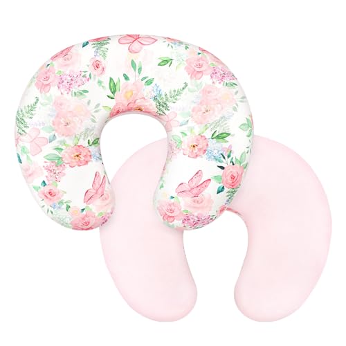 Image of CARUILI Nursing Pillow Cover 1 Pack, Removable Nursing Pillow Cover for Breastfeeding Pillows, Super Soft Comfortable Slipcover for Boy and Girls, Pink & Flowers