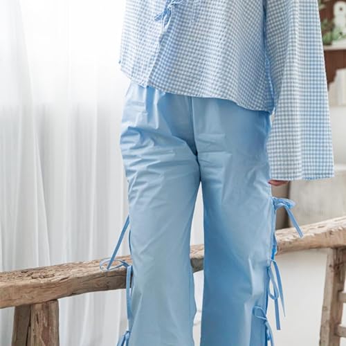 Image of Y2K Gingham Pants for Women Bow Tie Side Slit Wide Leg Lounge Bottom Plaid Checkered Loose Fit Going Out Pants