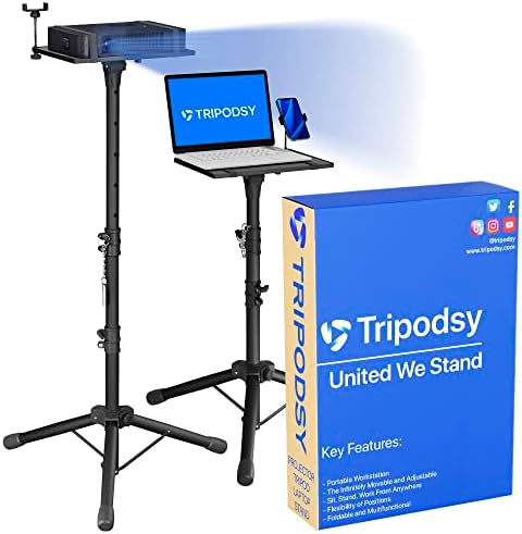 TRIPODSY Projector Tripod Stand with Adjustable Height, Standing Laptop Floor Riser, Portable Multifunctional Space Saver Desk for DJ, Outdoor Mobile Workstation for Studio, Home, Office
