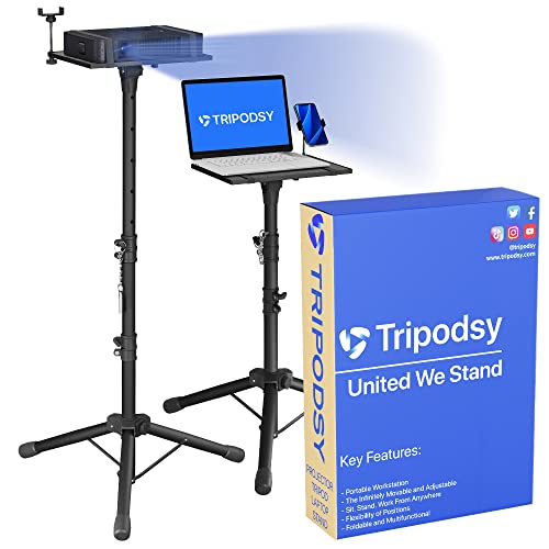 AMAZON - TRIPODSY Projector Tripod Stand with Adjustable Height, Standing Laptop Floor Riser, Portable Multifunctional Space Saver Desk for DJ, Outdoor Mobile Workstation for Studio, Home, Office