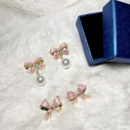 Gold Bow Earrings Pink Small Classic Bow Stud Earrings for Women Dainty Pearl Bow Dangle Earrings Hypoallergenic Gold Earrings Christmas Bow Earring for Women4