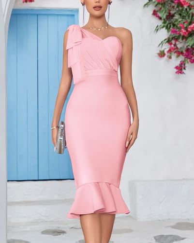 Image of houstil Women's One Shoulder Fishtail Wedding Guest Bandage Dress Mesh Midi Graduation Bodycon Party Club Dresses