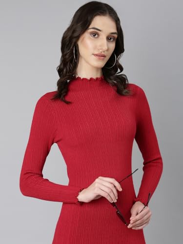 Image of SHOWOFFFF Women Solid Bodycon Casual Dress | High Neck Half Sleeves Knitted Dress for Womens | Above Knee Dress for Women's