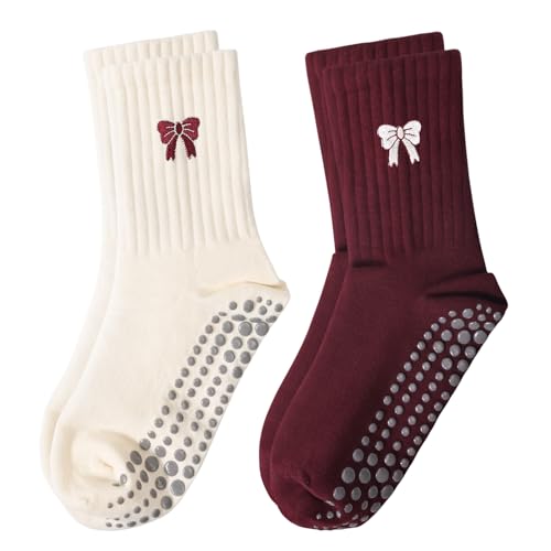 FIYIGO Cute Pilates with Grips Socks for Women Yoga Non Slip Embroidery Bow Socks for Fitness Ballet Dance Workout -White + Red