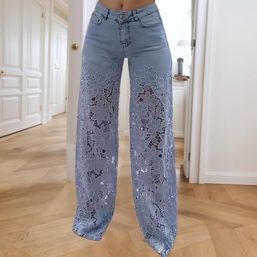 Women's Floral Lace Hollow Out Wide Leg Jeans Baggy High Waist Straight Leg Jeans Casual Vintage Denim Pants2