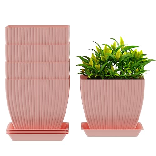Image of ELUVIA 7-inch Square Planters with Saucers (Set of 5) - Modern Fluted Flower Pots with Drainage Holes and Trays - Premium Plastic Indoor Outdoor Plant Pots for Succulents, Flowers (Pink)