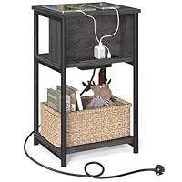 VASAGLE Slim Side Table with Charging Station, Narrow Bedside Table with 2 AC Outlets 2 USB Outlets, 30 x 34 x 58 cm, for Living Room, Bedroom, Charcoal Grey and Ink Black LET374B68
