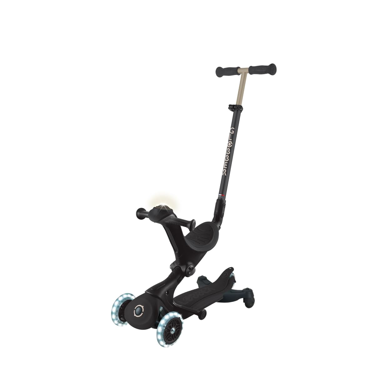 GLOBBER GO-UP Deluxe Lights 360 – 3 in 1 Aufsitzrad, Laufrad, Scooter, 120/80mm, 3-rädrig, verstellbar, LED-Rollen